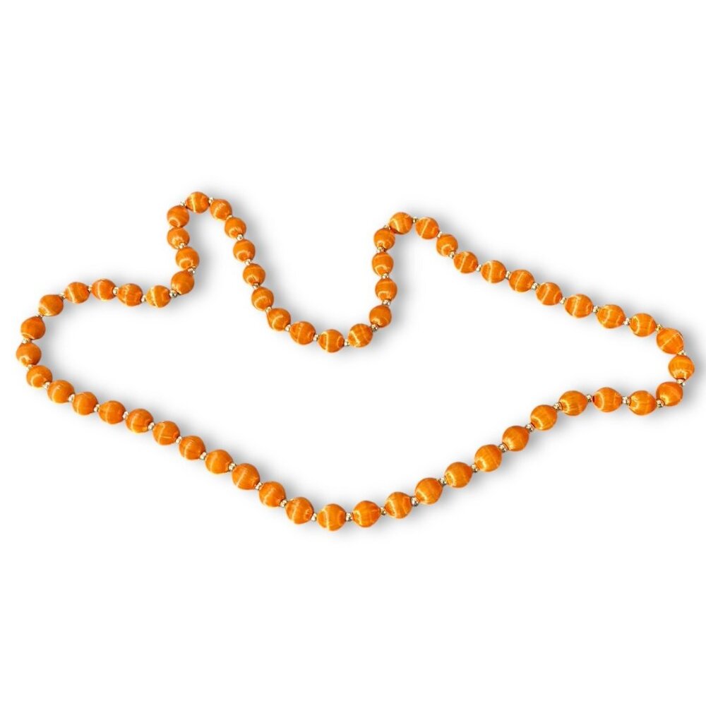 Vintage Orange Silk Satin Wrapped Bead Necklace 30”+ Gold Tone Spacer 70s 80s - Picture 3 of 3
